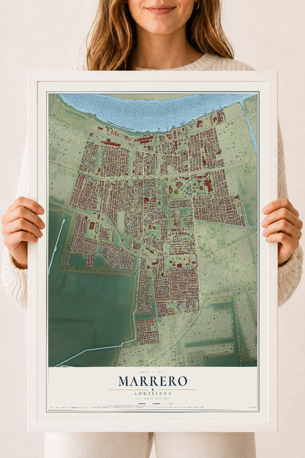 Map of Marrero, Louisiana, 18 x 24 inch print in a white wood frame
