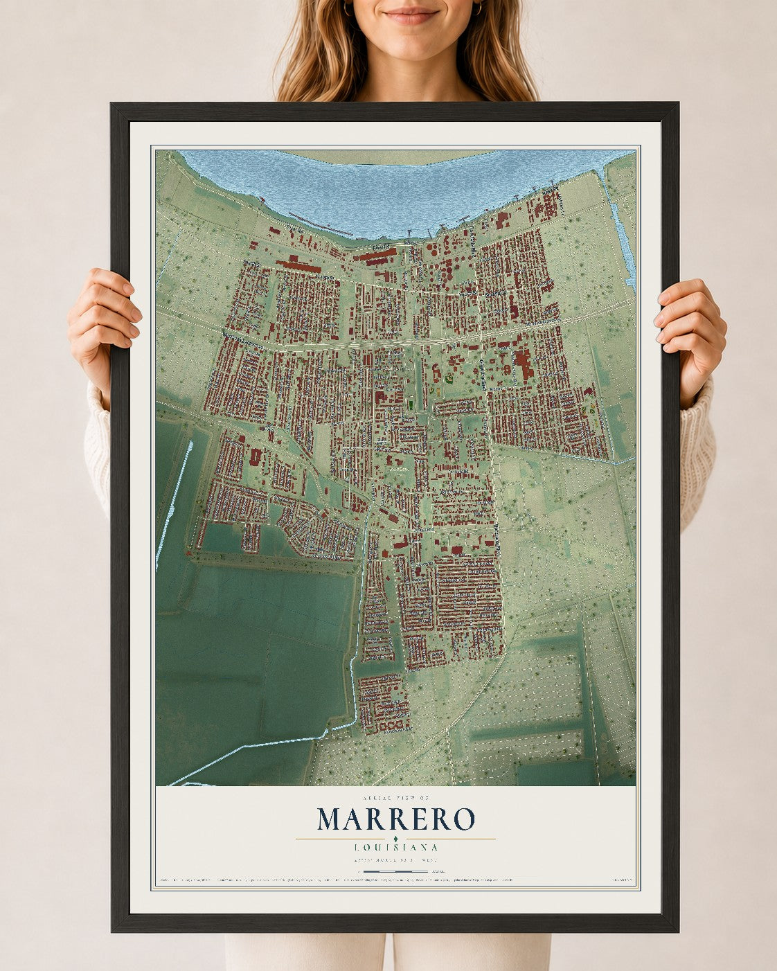 Map of Marrero, Louisiana, 24 x 36 inch print in a black wood frame