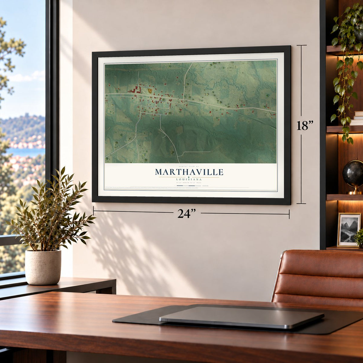 Marthaville, Louisiana map, 18 x 24 inch print in a black frame in a home office