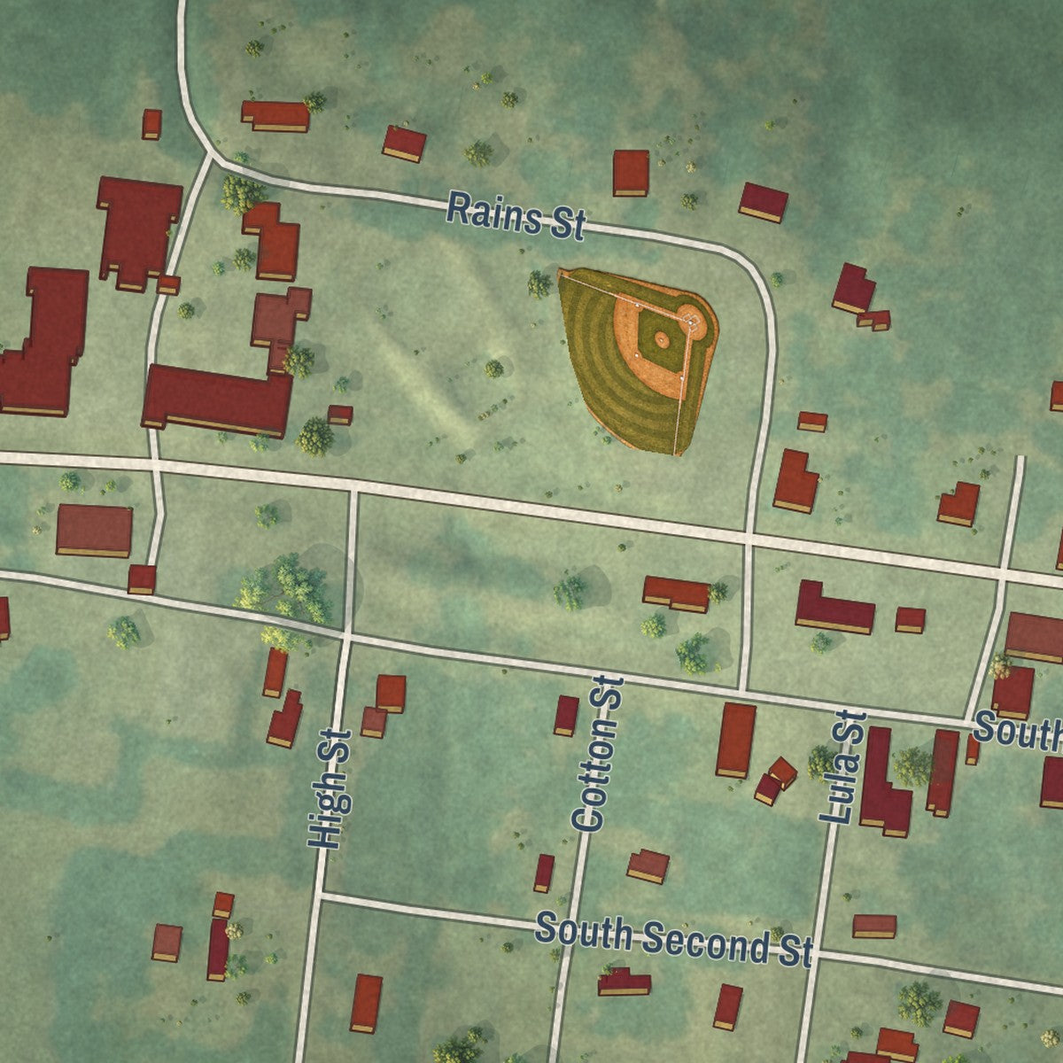 Close-up of the map of Marthaville, Louisiana print showing street and building detail