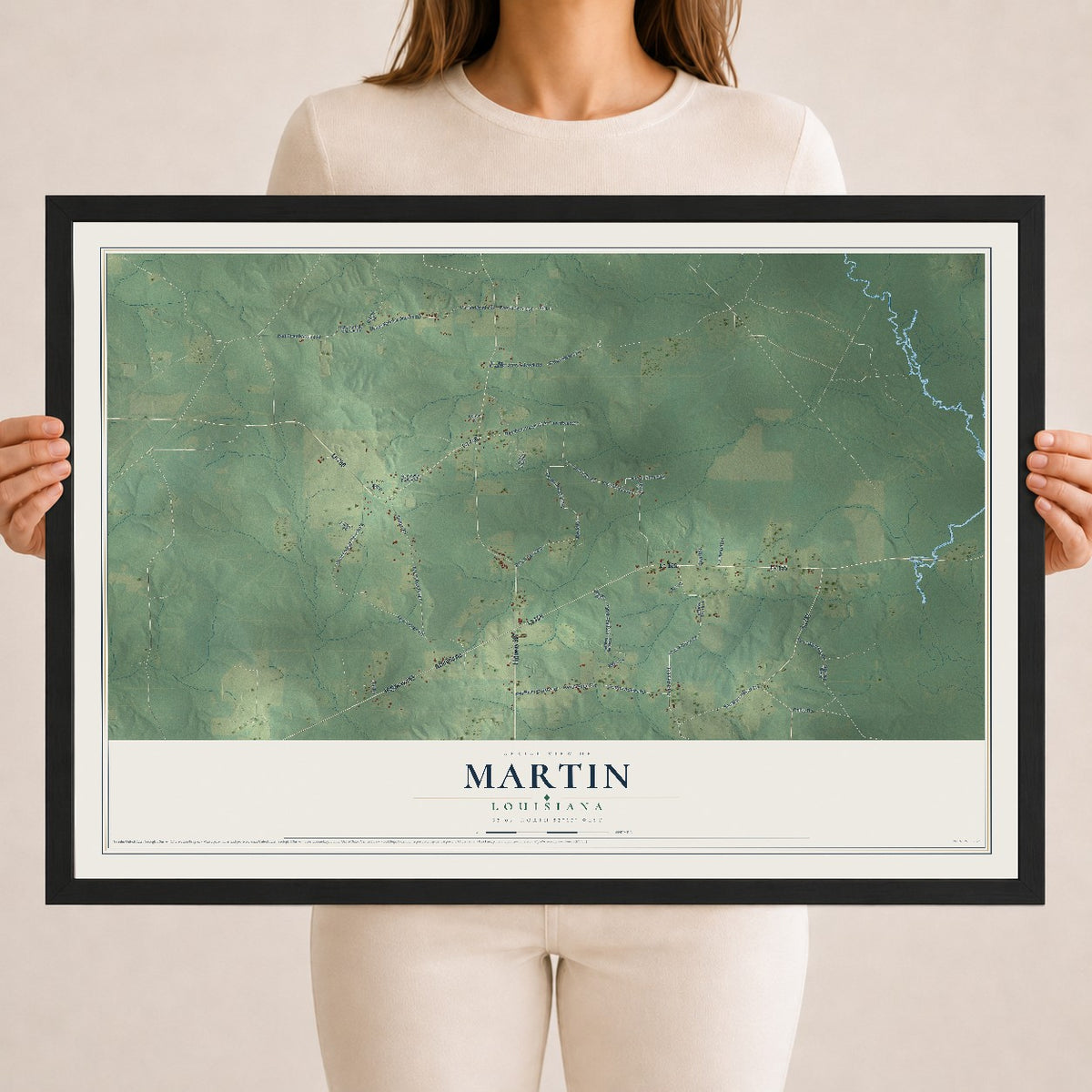 Map of Martin, Louisiana, 18 x 24 inch print in a black wood frame