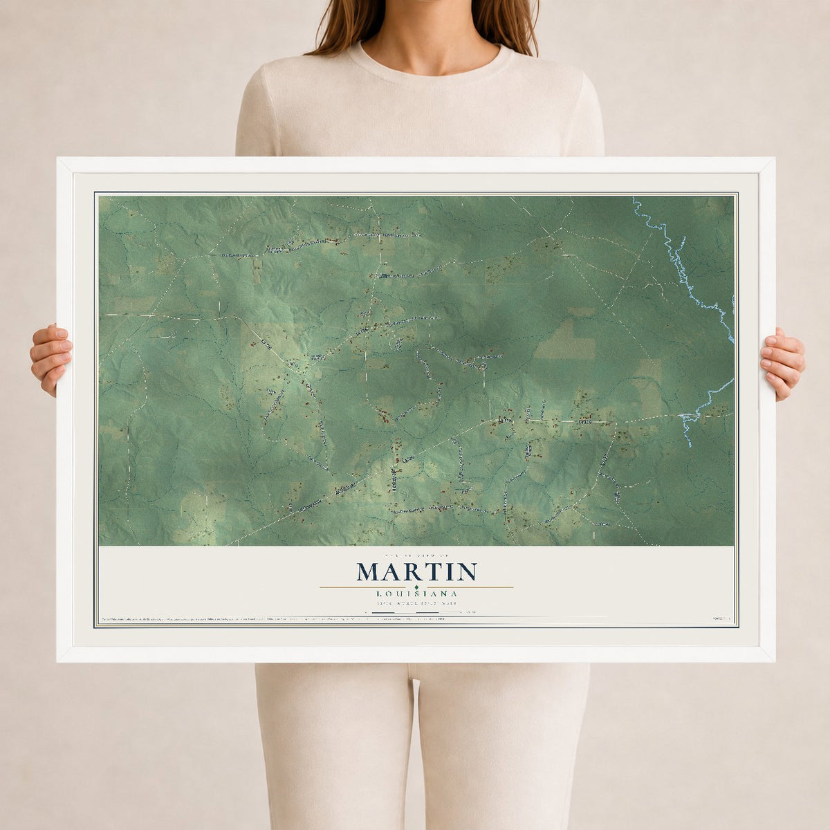 Map of Martin, Louisiana, 24 x 36 inch print in a white wood frame