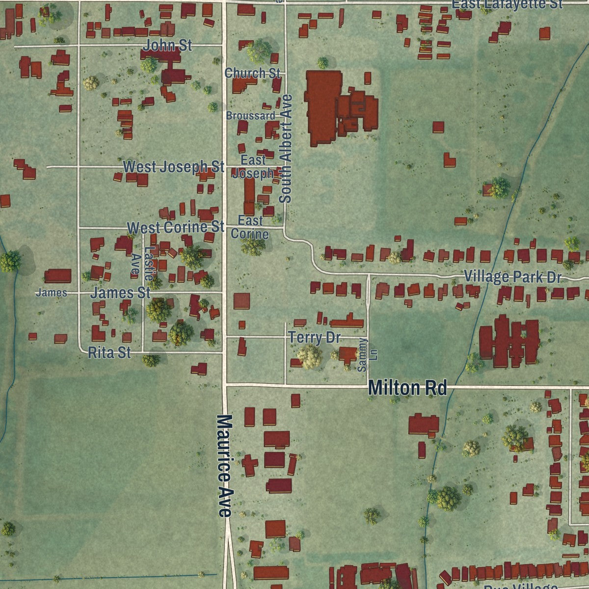 Close-up of the map of Maurice, Louisiana print showing street and building detail