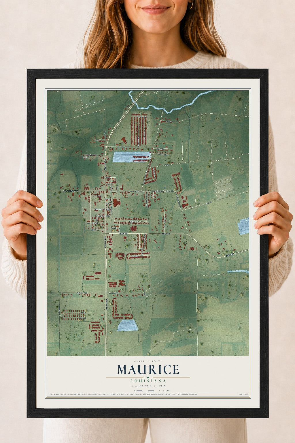 Map of Maurice, Louisiana, 18 x 24 inch print in a black wood frame