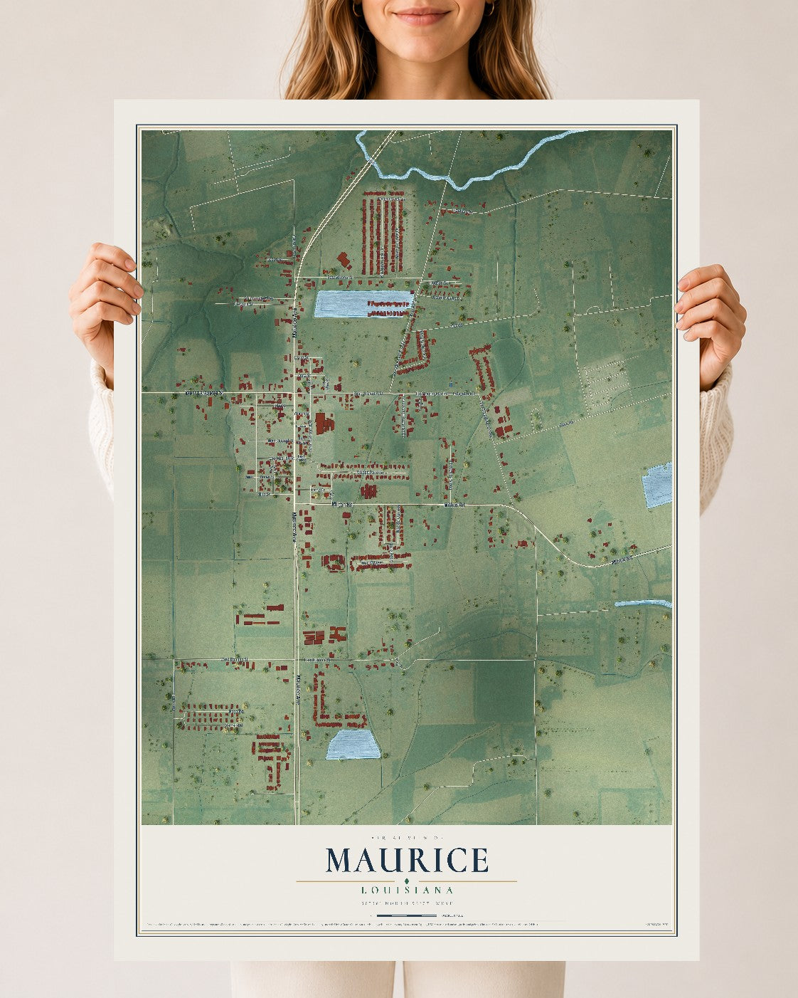 Map of Maurice, Louisiana, 24 x 36 inch unframed archival matte print