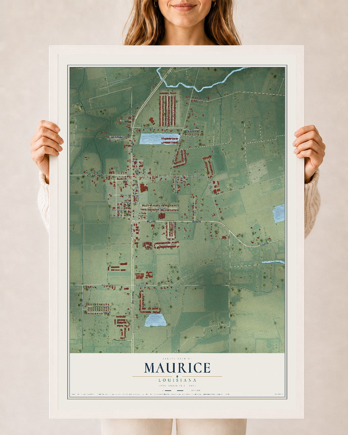 Map of Maurice, Louisiana, 24 x 36 inch print in a white wood frame