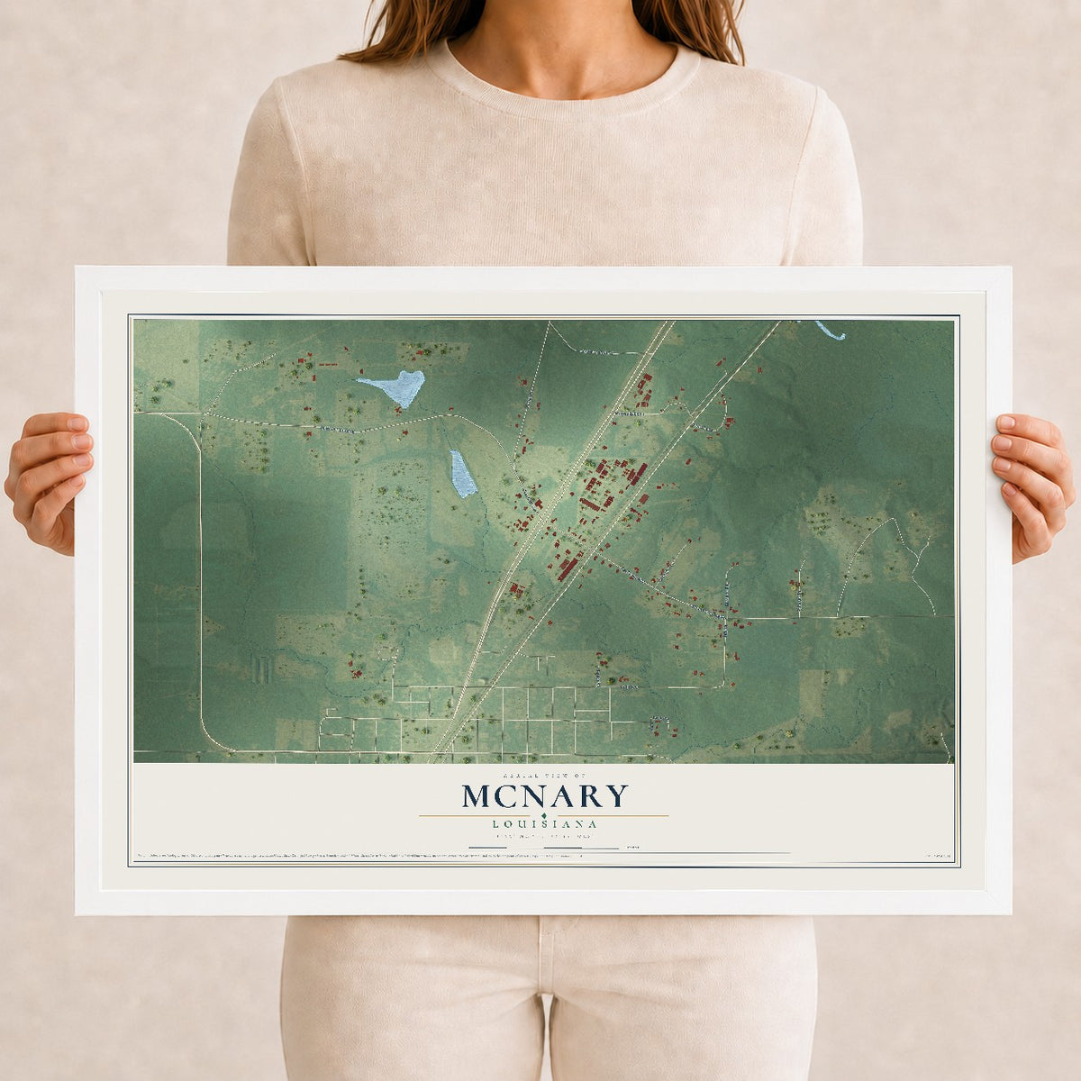 Map of McNary, Louisiana, 12 x 18 inch print in a white wood frame