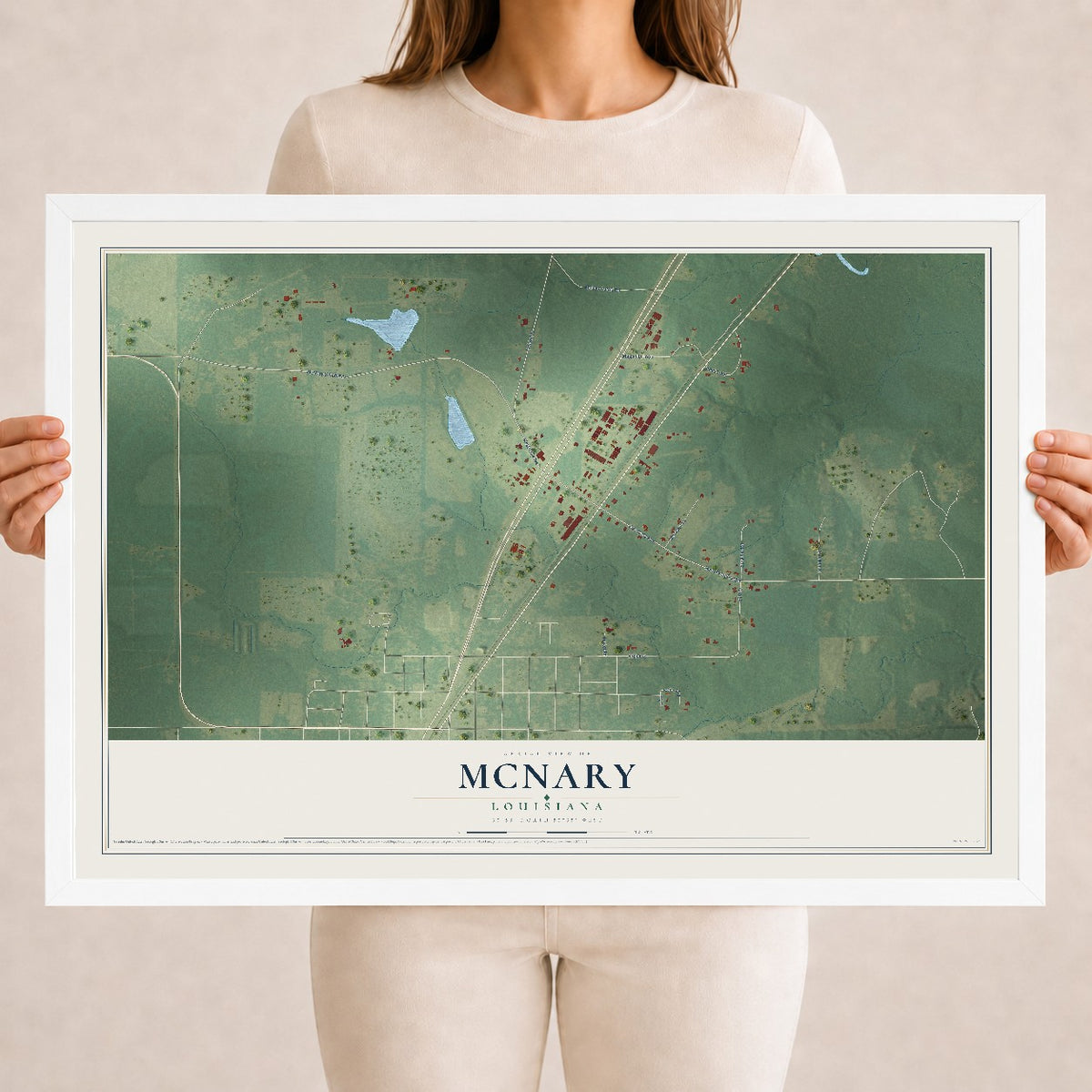 Map of McNary, Louisiana, 18 x 24 inch print in a white wood frame