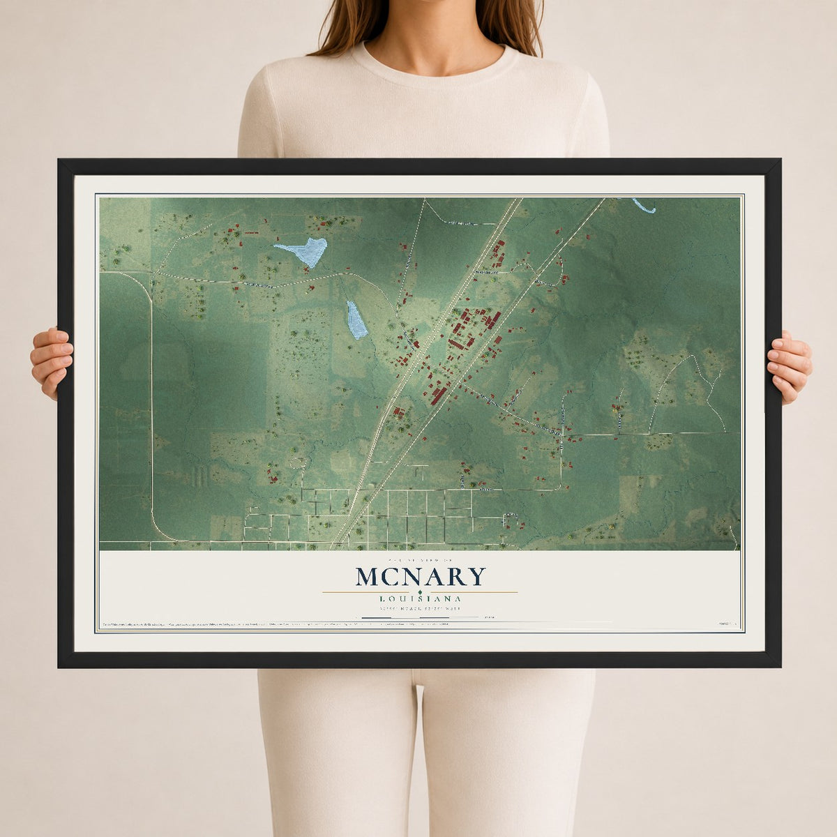 Map of McNary, Louisiana, 24 x 36 inch print in a black wood frame