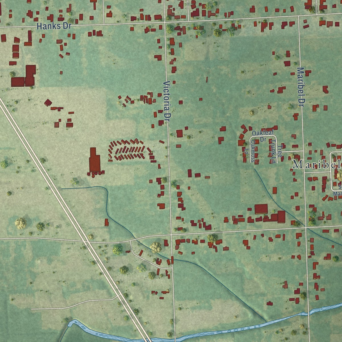 Second close-up of the map of Merrydale, Louisiana print showing more streets and buildings