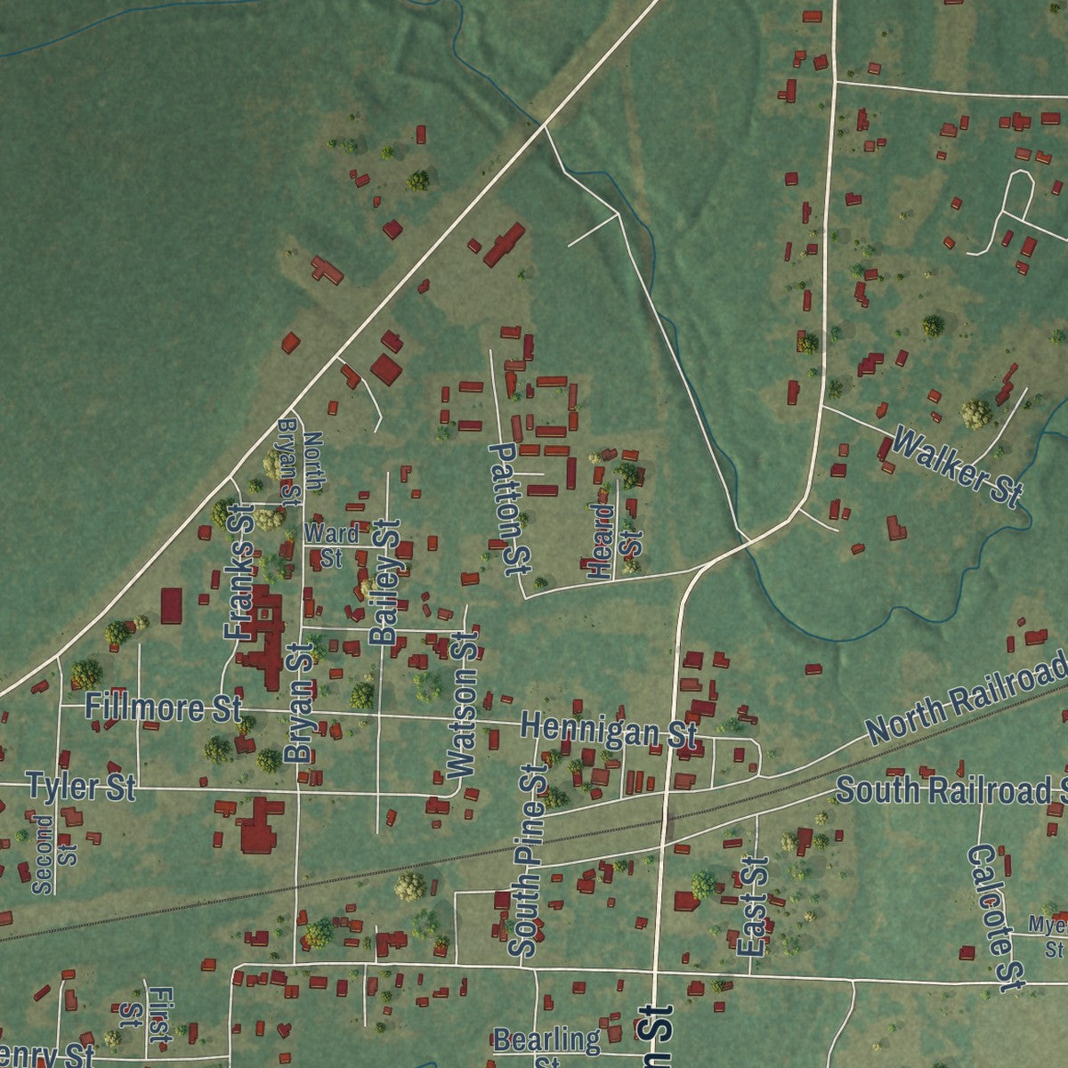 Close-up of the map of Merryville, Louisiana print showing street and building detail