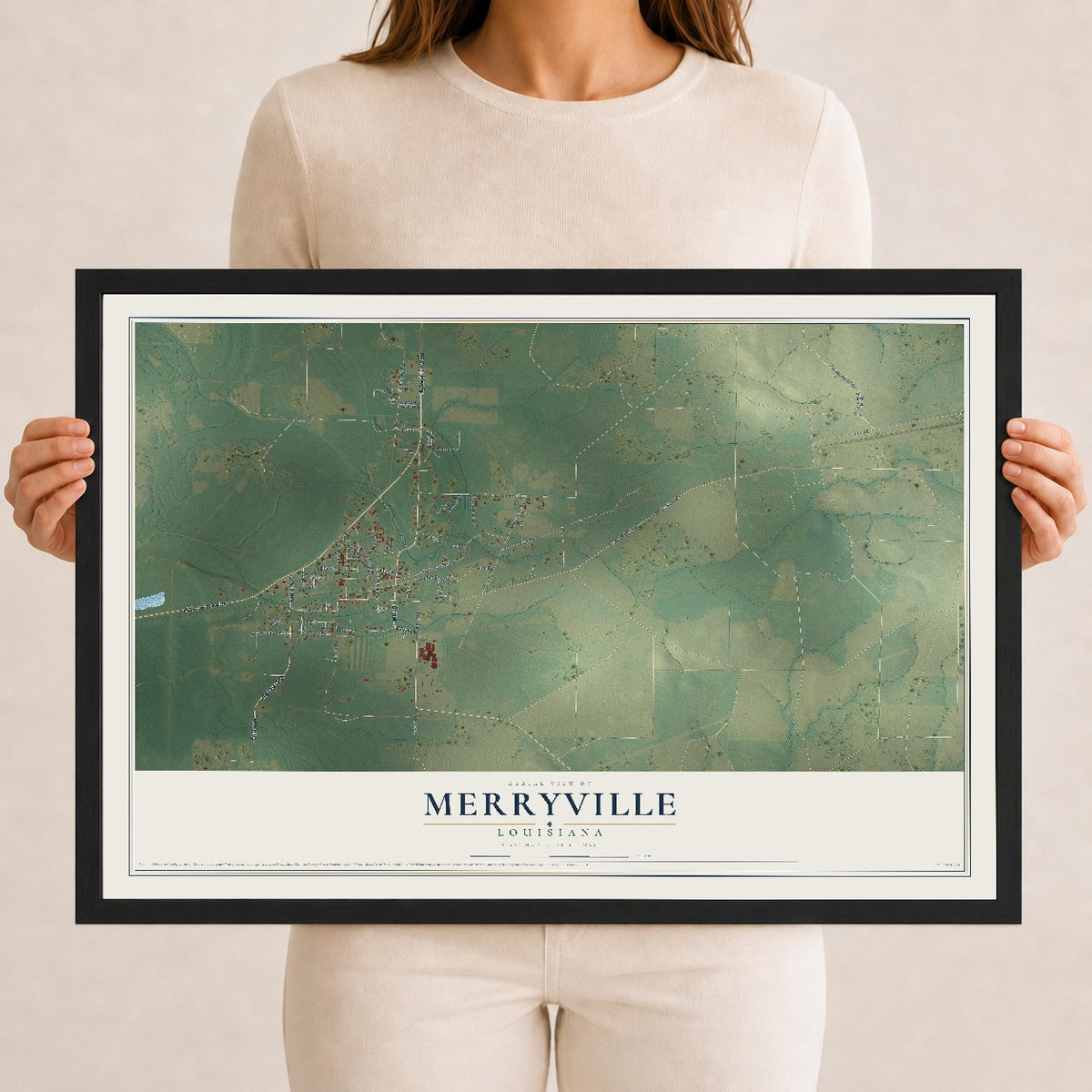 Map of Merryville, Louisiana, 12 x 18 inch print in a black wood frame
