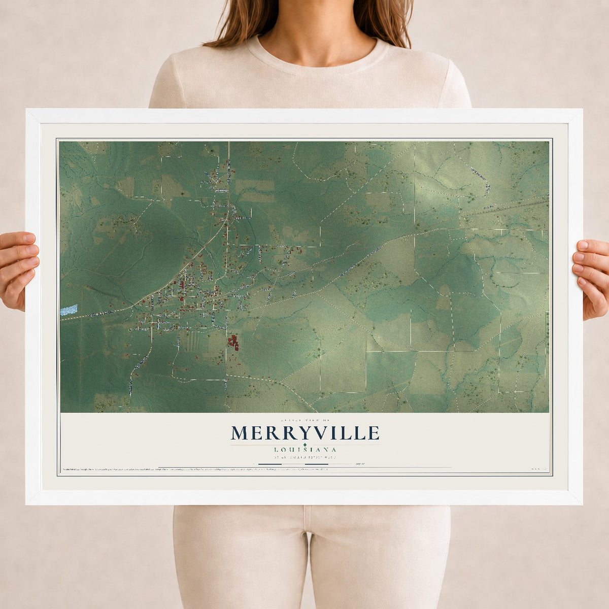 Map of Merryville, Louisiana, 18 x 24 inch print in a white wood frame