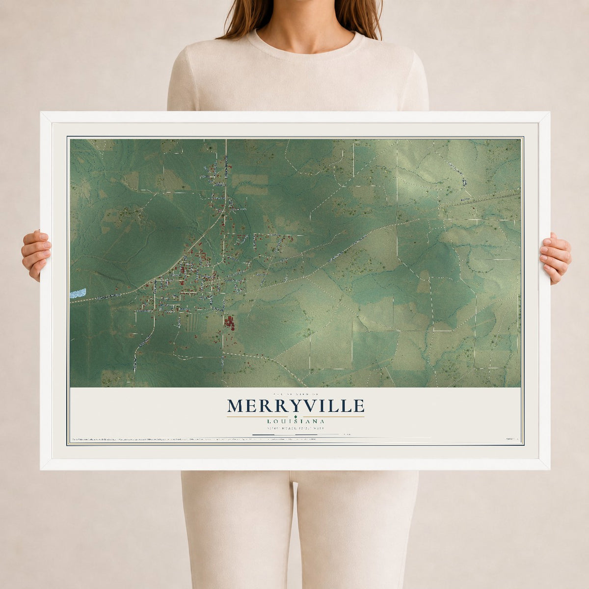 Map of Merryville, Louisiana, 24 x 36 inch print in a white wood frame