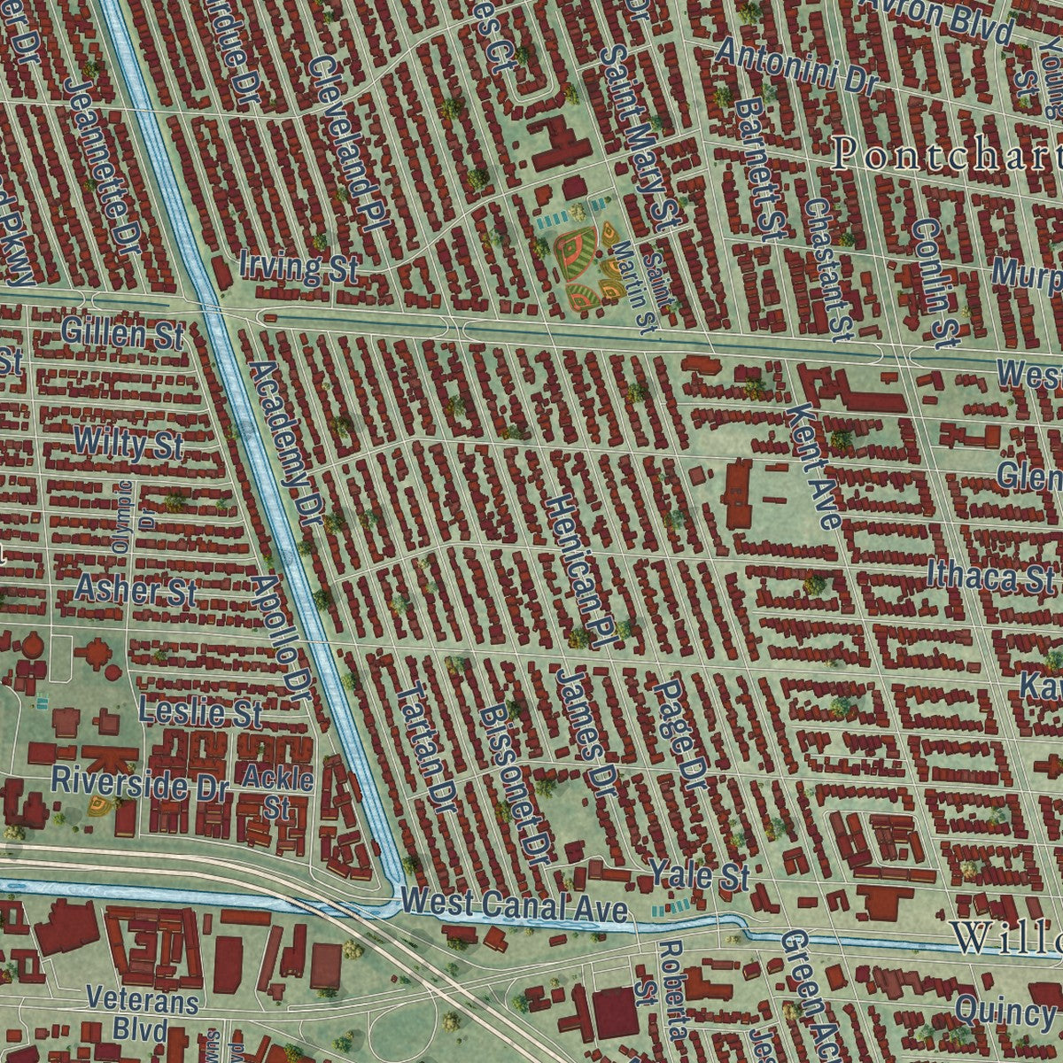 Second close-up of the map of Metairie, Louisiana print showing more streets and buildings