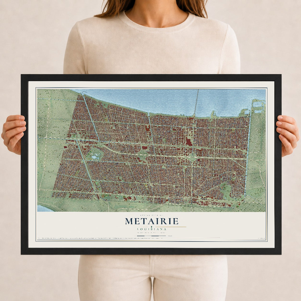 Map of Metairie, Louisiana, 12 x 18 inch print in a black wood frame