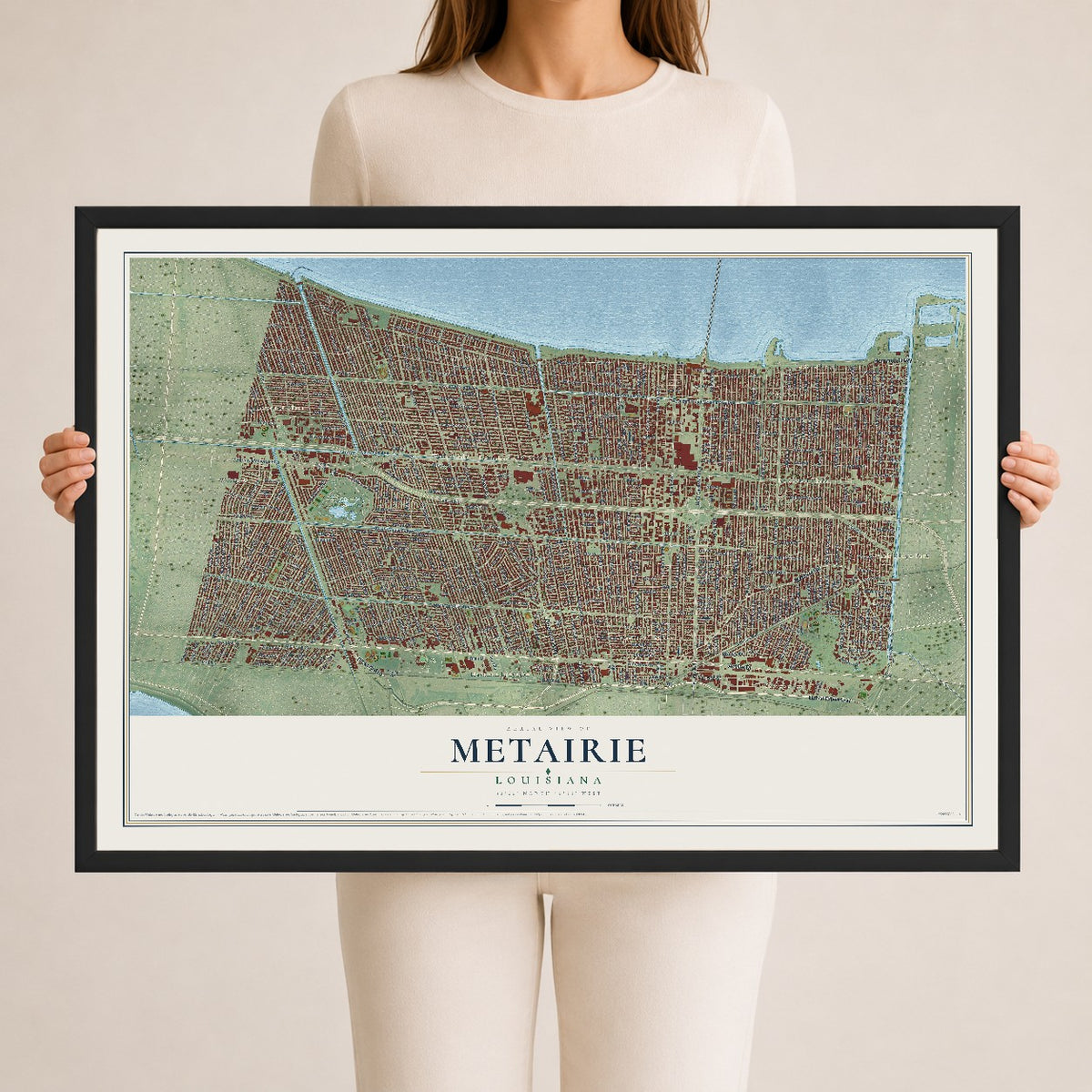 Map of Metairie, Louisiana, 24 x 36 inch print in a black wood frame