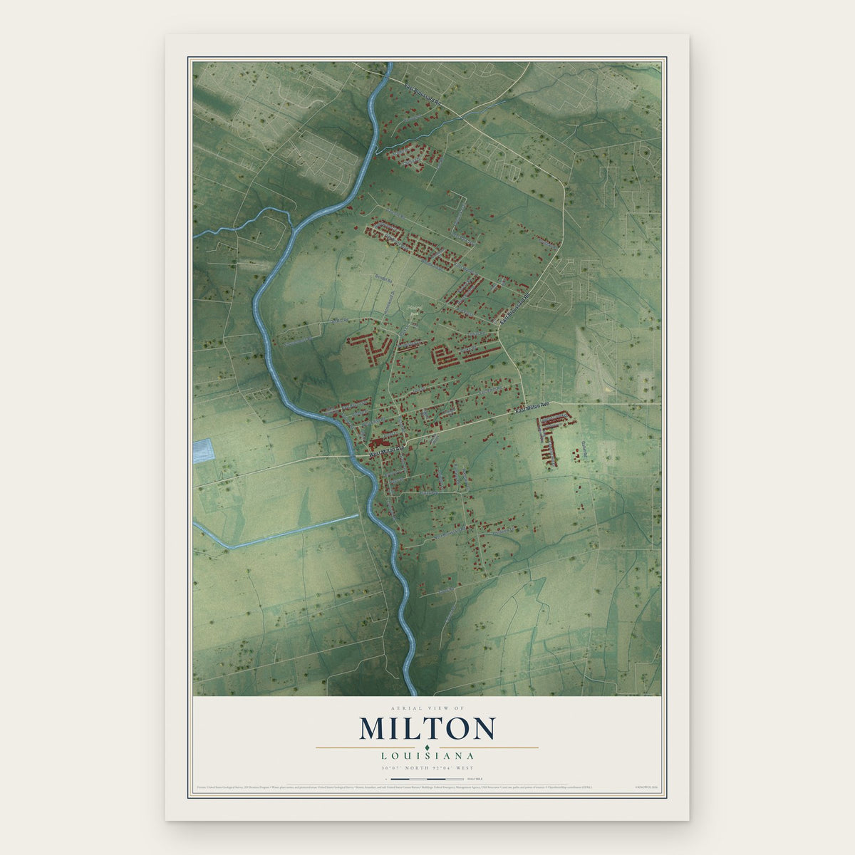 Milton, Louisiana map print, the full design