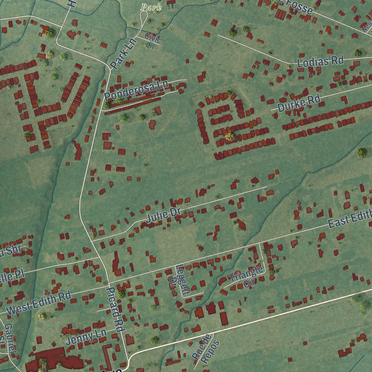 Close-up of the map of Milton, Louisiana print showing street and building detail