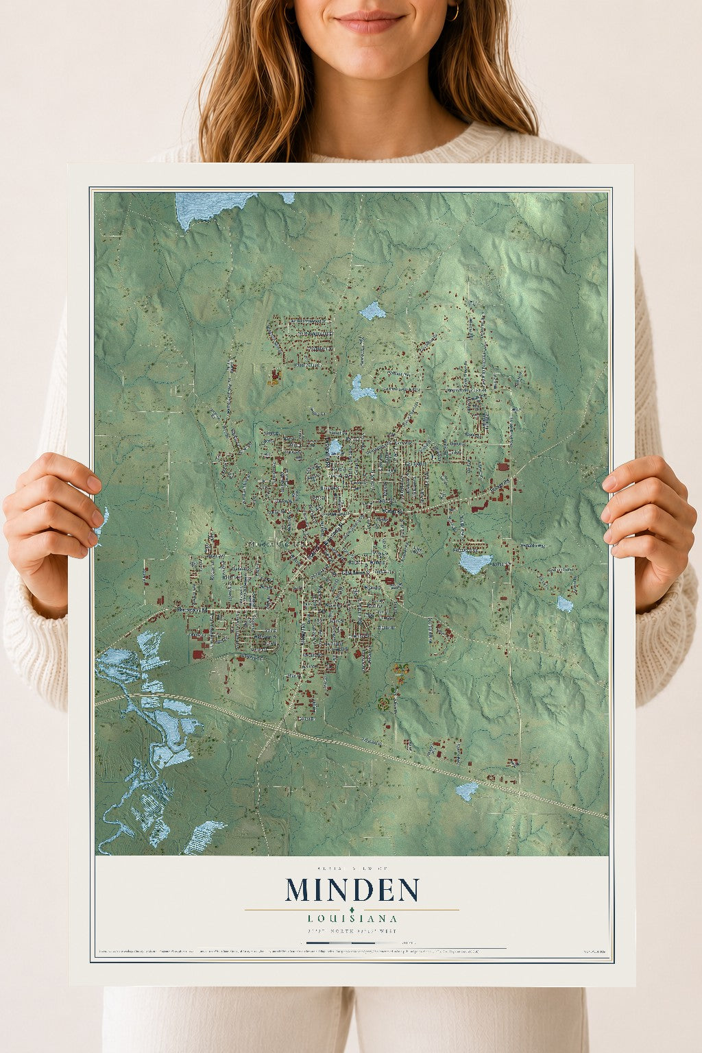 Map of Minden, Louisiana, 18 x 24 inch unframed archival matte print