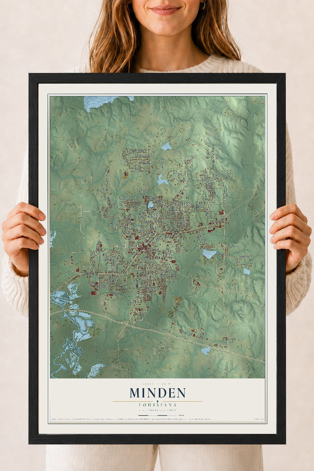 Map of Minden, Louisiana, 18 x 24 inch print in a black wood frame