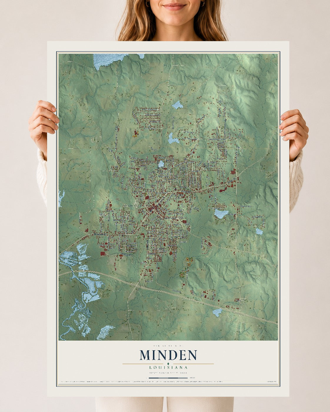 Map of Minden, Louisiana, 24 x 36 inch unframed archival matte print