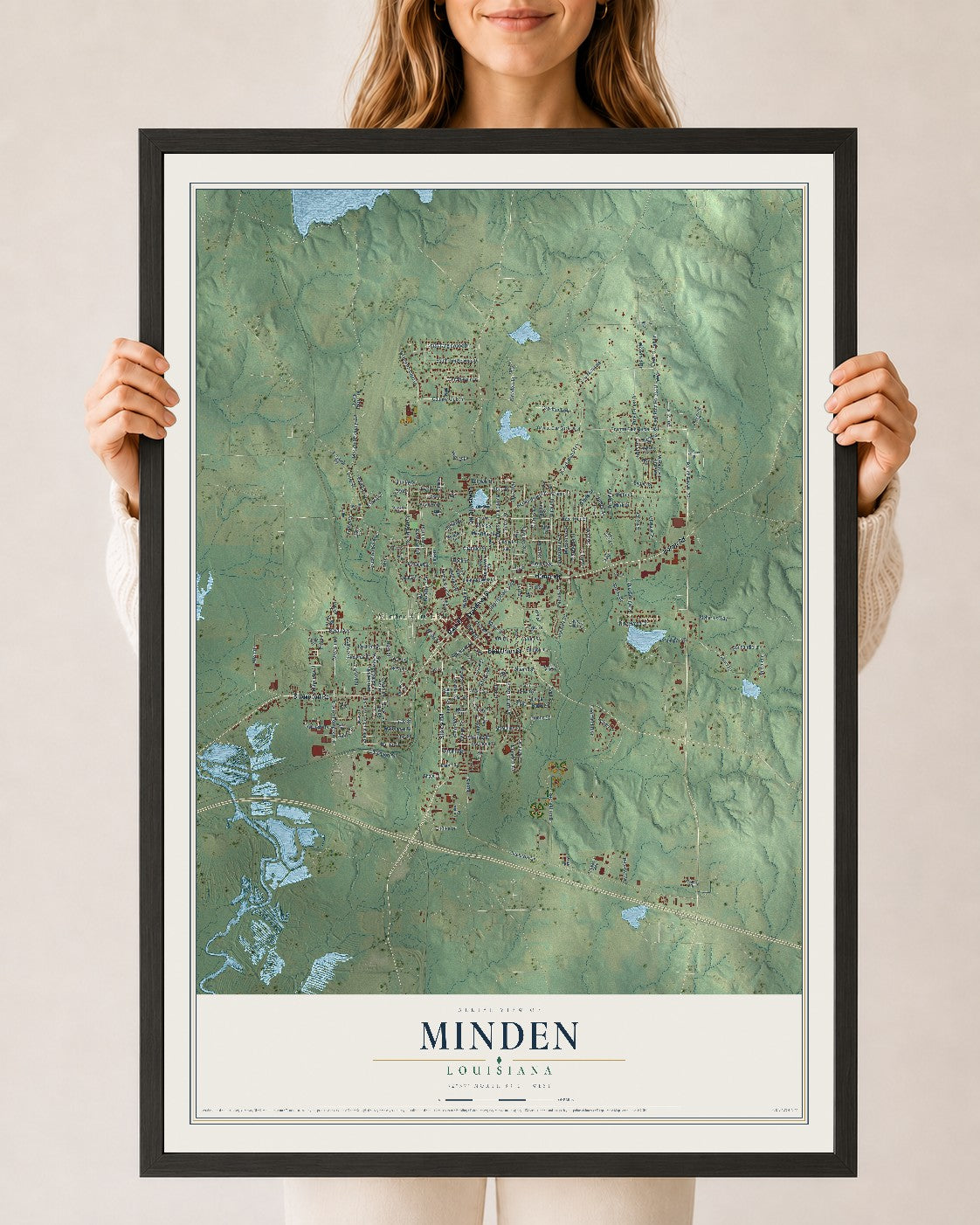 Map of Minden, Louisiana, 24 x 36 inch print in a black wood frame