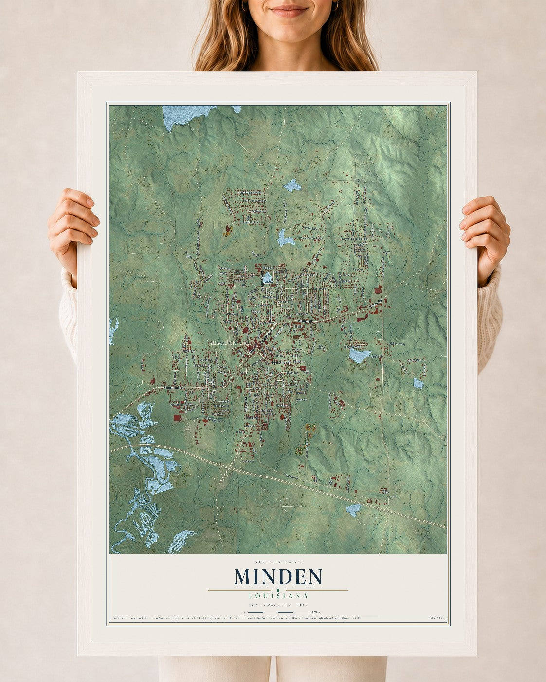 Map of Minden, Louisiana, 24 x 36 inch print in a white wood frame