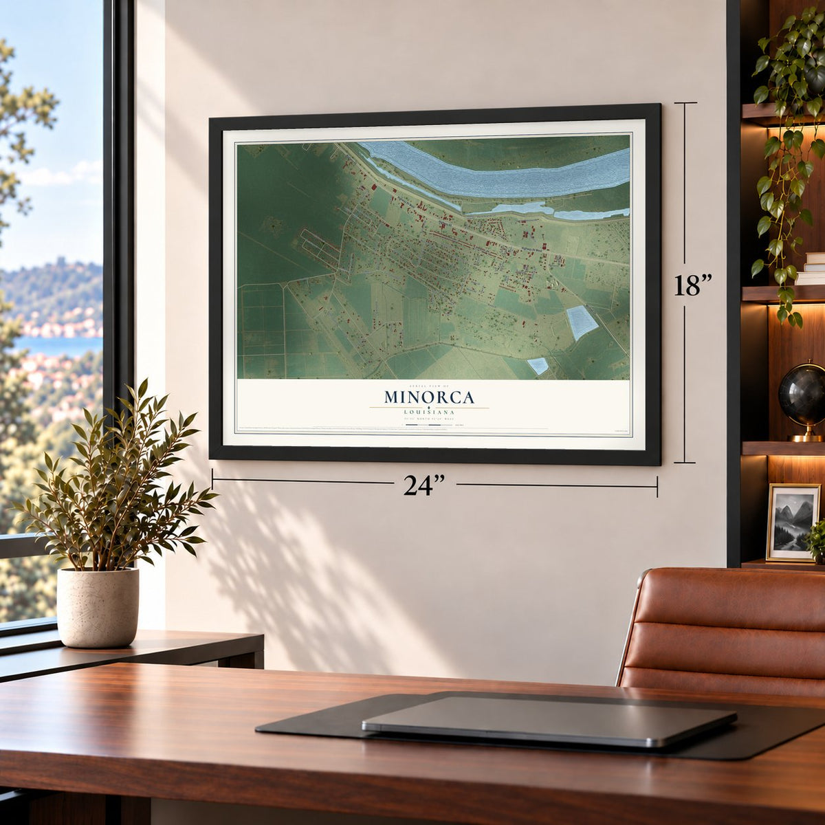 Minorca, Louisiana map, 18 x 24 inch print in a black frame in a home office