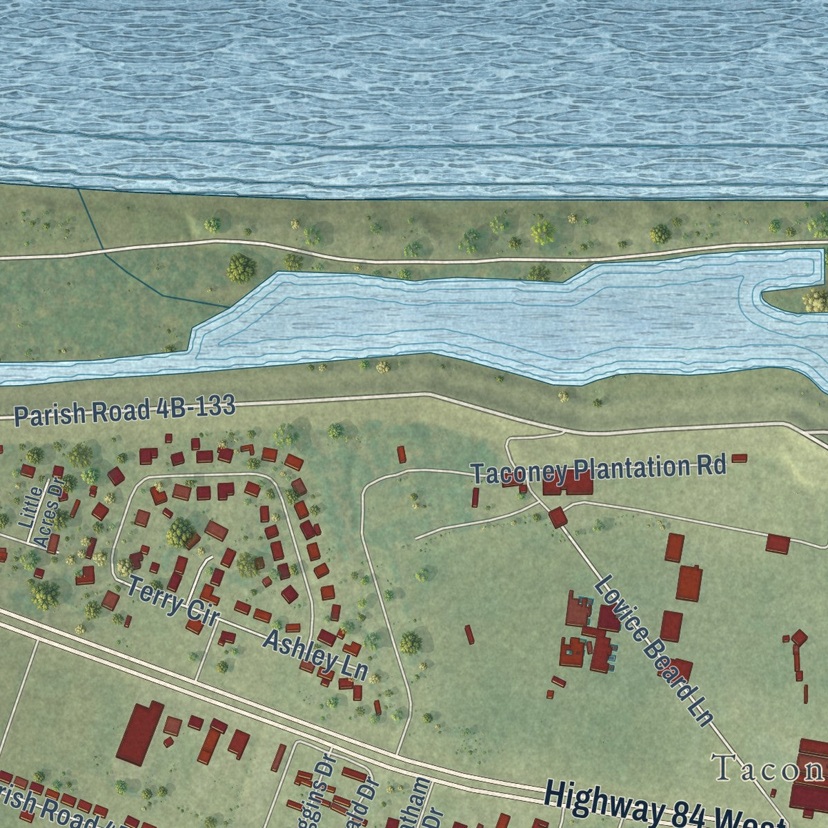 Close-up of the map of Minorca, Louisiana print showing street and building detail