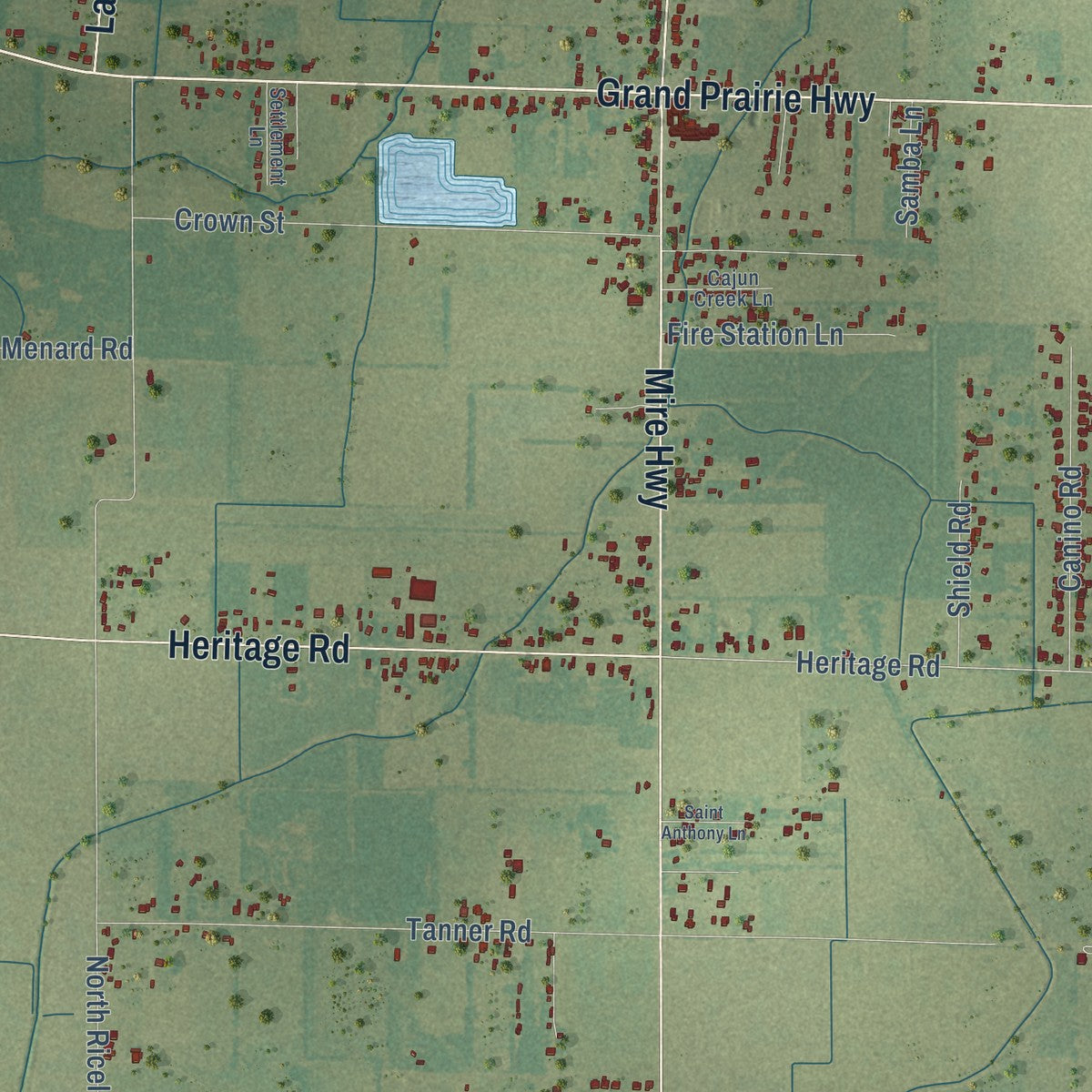 Close-up of the map of Mire, Louisiana print showing street and building detail