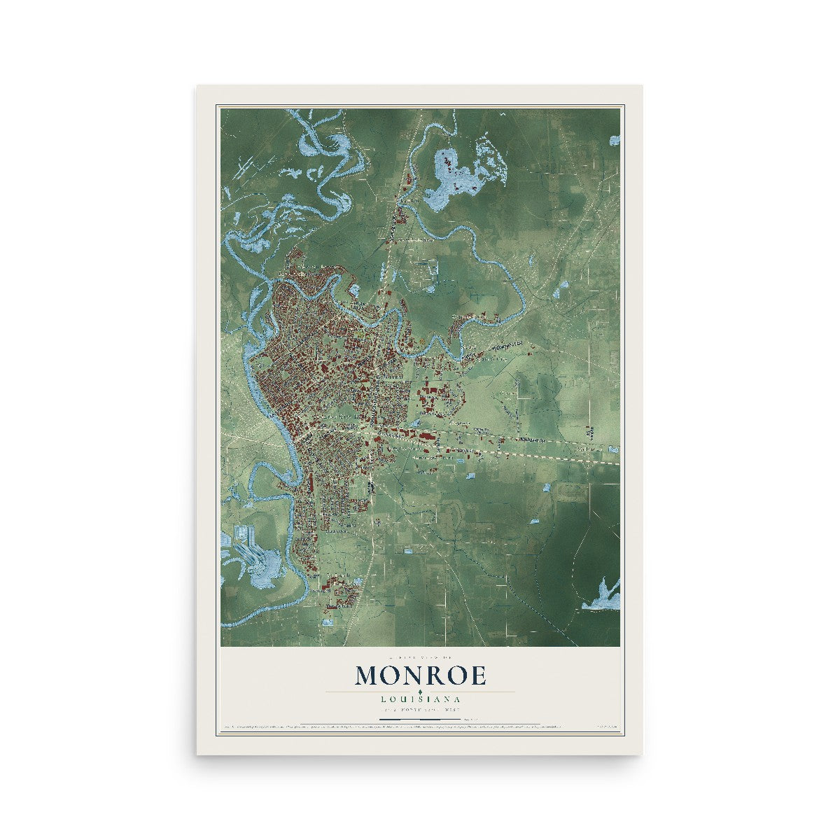 Map of Monroe, Louisiana, 12 x 18 inch unframed archival matte print