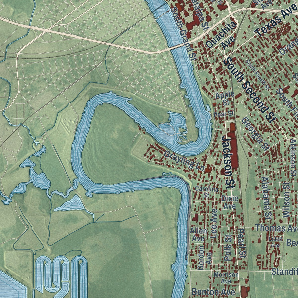 Second close-up of the map of Monroe, Louisiana print showing more streets and buildings