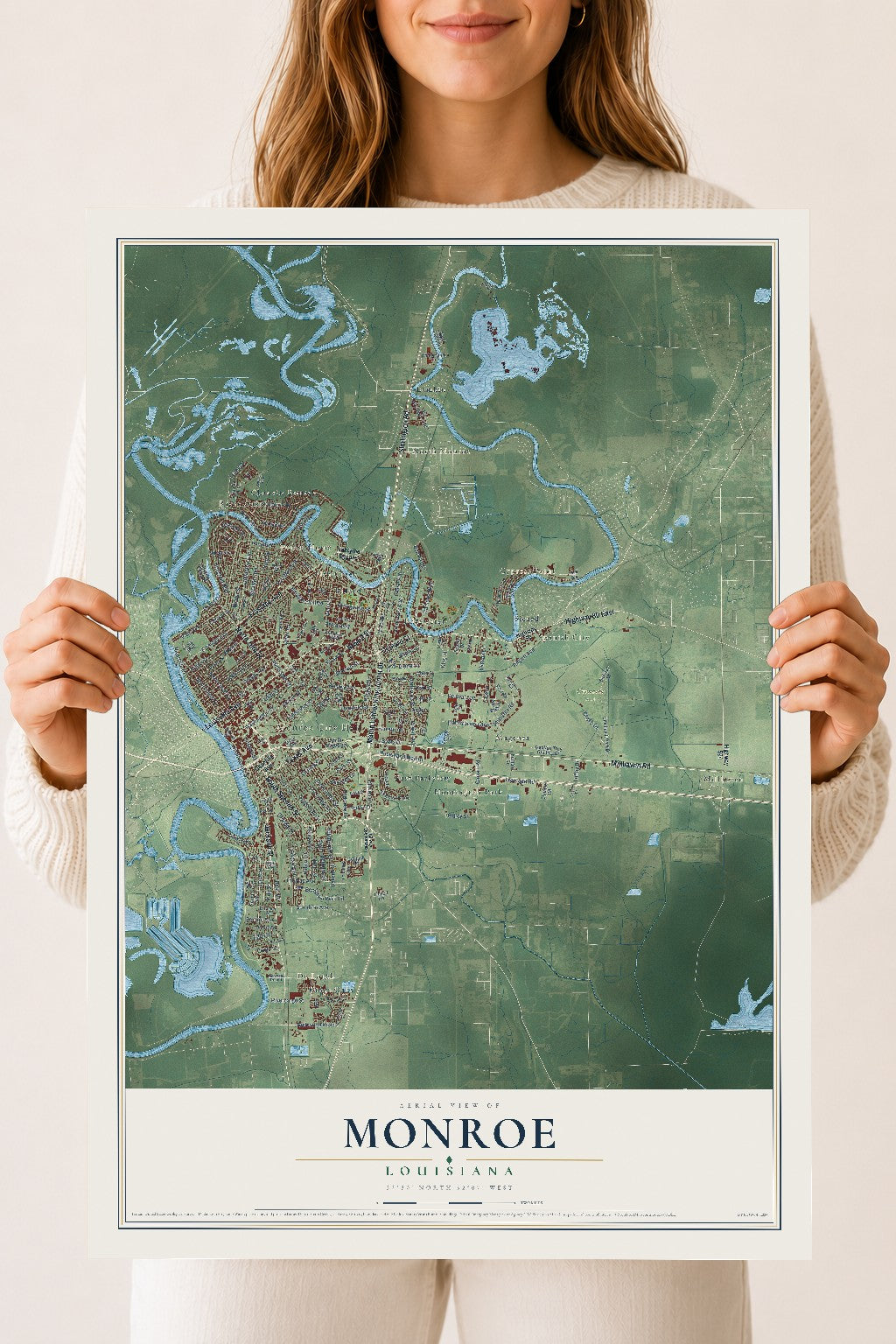 Map of Monroe, Louisiana, 18 x 24 inch unframed archival matte print