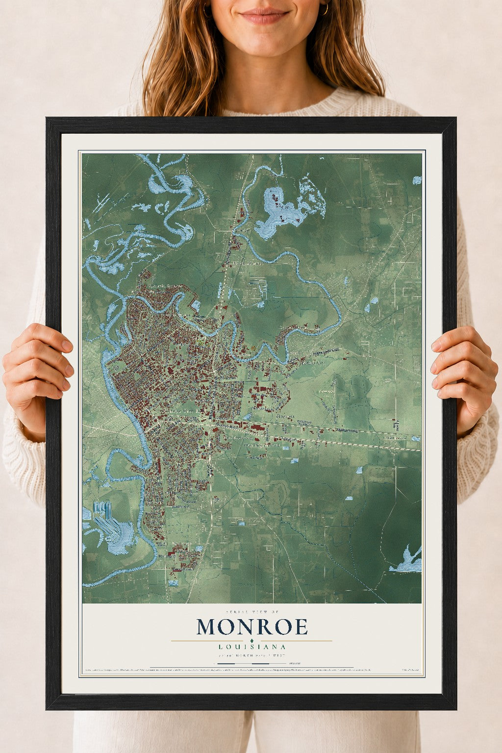 Map of Monroe, Louisiana, 18 x 24 inch print in a black wood frame