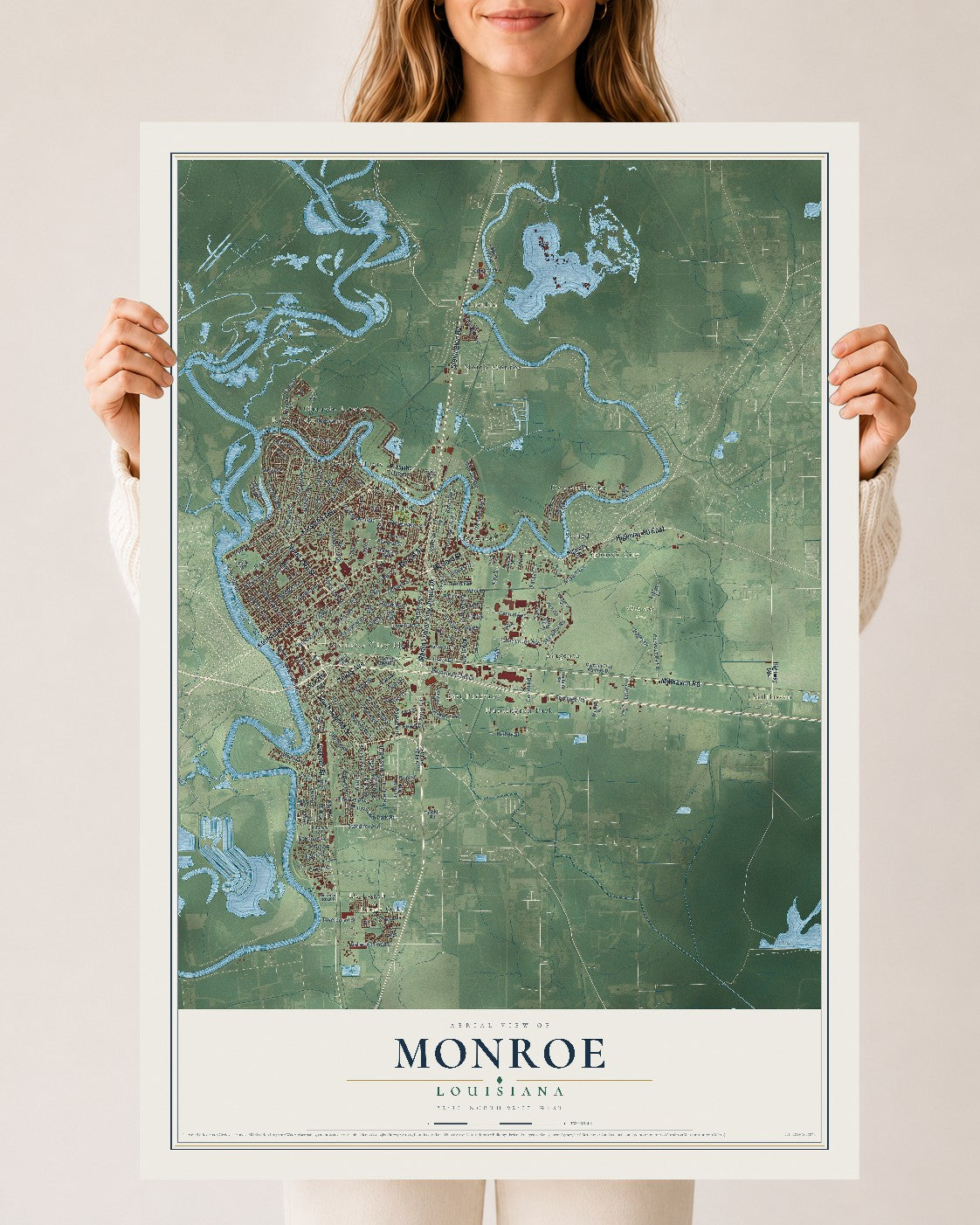 Map of Monroe, Louisiana, 24 x 36 inch unframed archival matte print