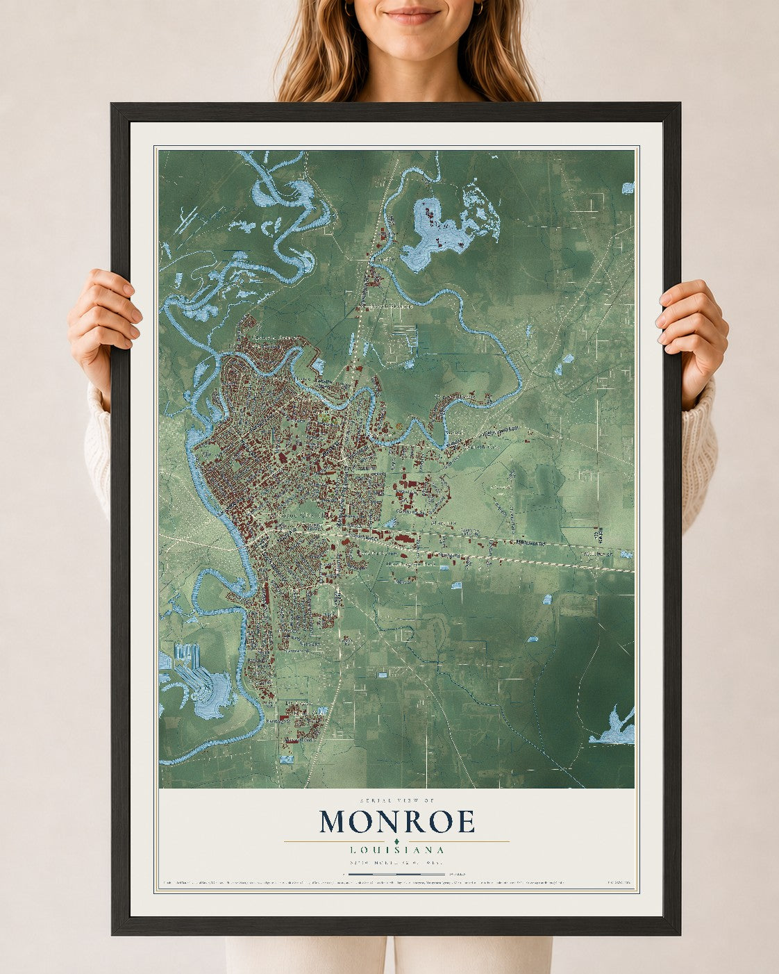 Map of Monroe, Louisiana, 24 x 36 inch print in a black wood frame
