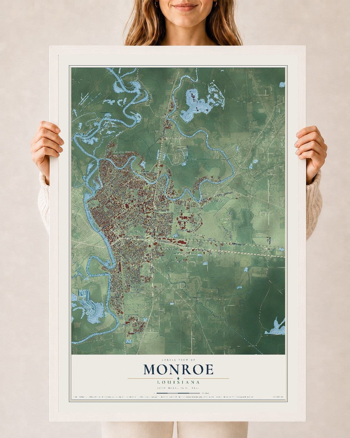 Map of Monroe, Louisiana, 24 x 36 inch print in a white wood frame