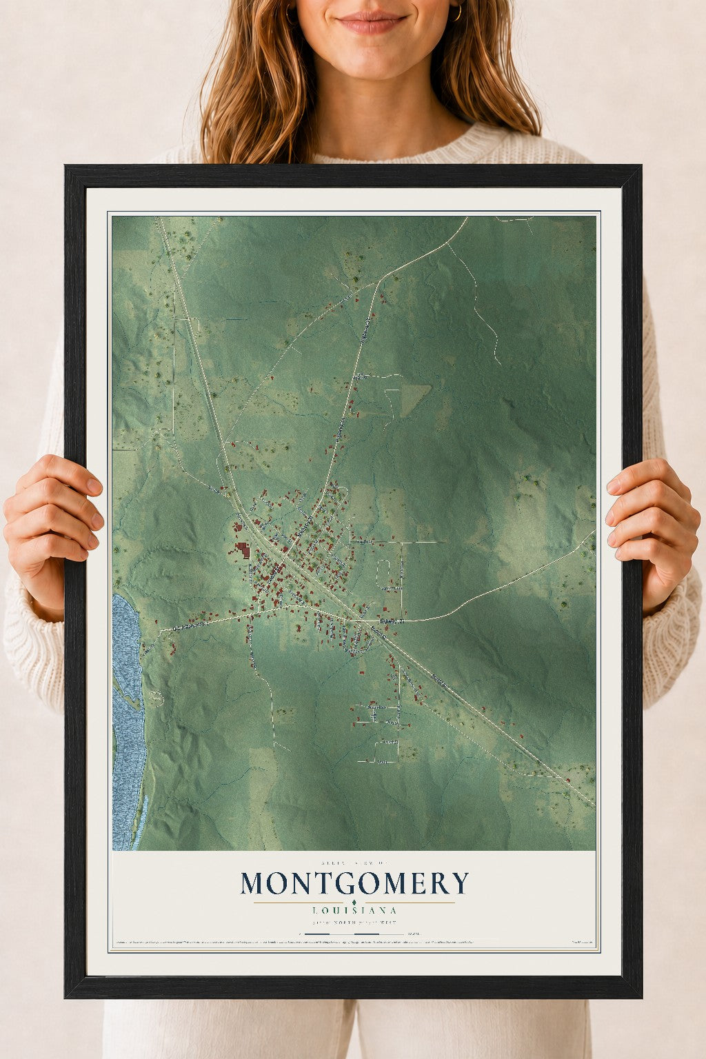 Map of Montgomery, Louisiana, 18 x 24 inch print in a black wood frame
