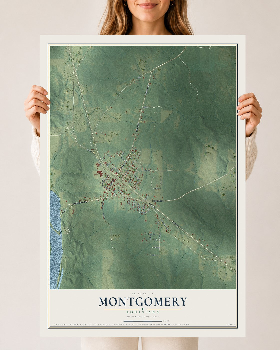 Map of Montgomery, Louisiana, 24 x 36 inch unframed archival matte print