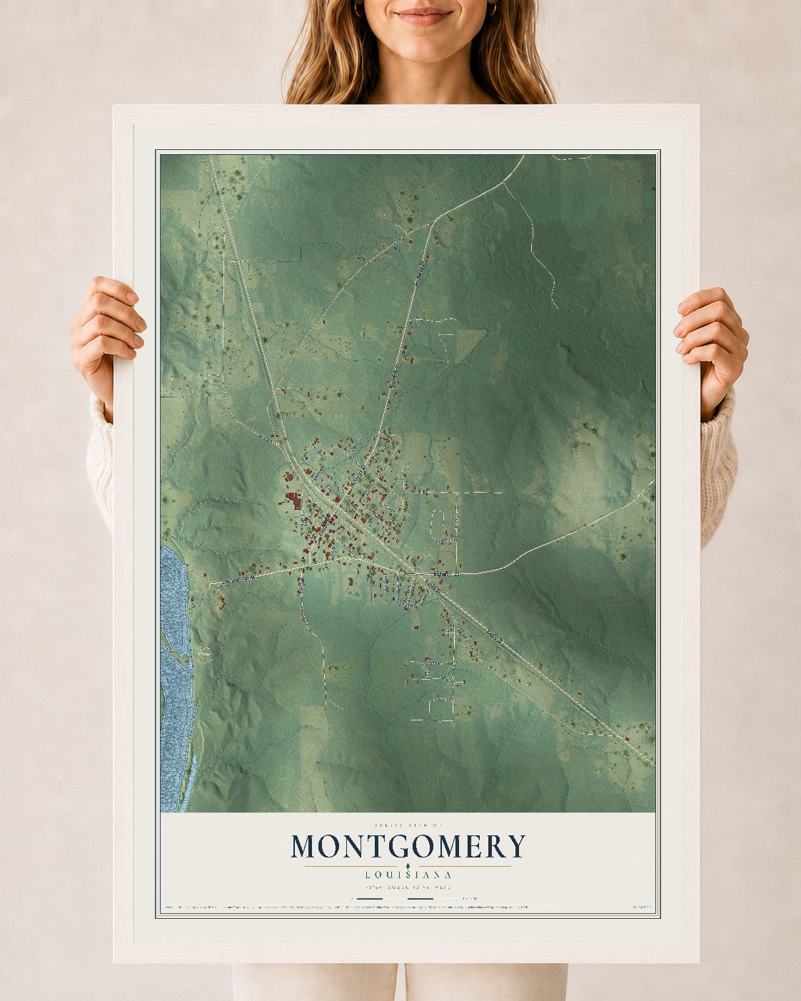 Map of Montgomery, Louisiana, 24 x 36 inch print in a white wood frame
