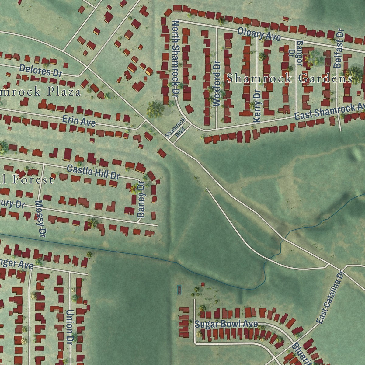 Second close-up of the map of Monticello, Louisiana print showing more streets and buildings