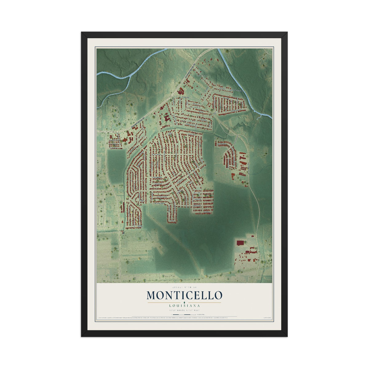 Map of Monticello, Louisiana, 12 x 18 inch print in a black wood frame
