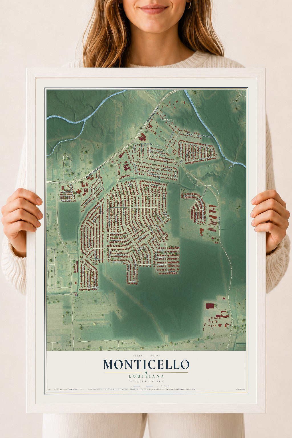 Map of Monticello, Louisiana, 18 x 24 inch print in a white wood frame