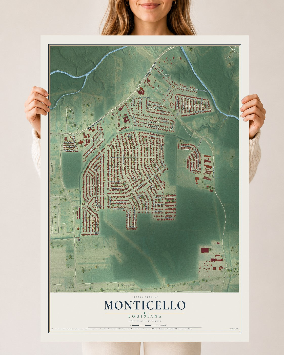 Map of Monticello, Louisiana, 24 x 36 inch unframed archival matte print