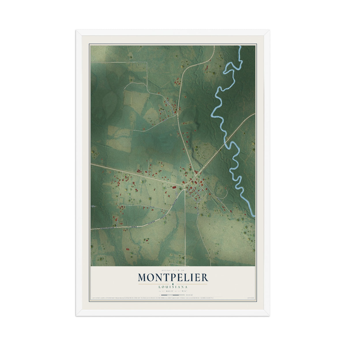 Map of Montpelier, Louisiana, 12 x 18 inch print in a white wood frame