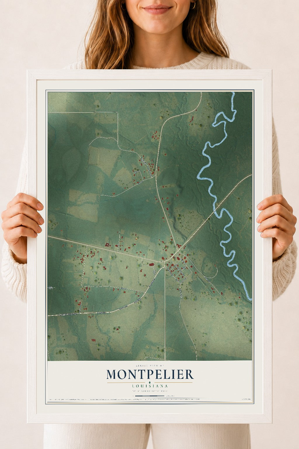 Map of Montpelier, Louisiana, 18 x 24 inch print in a white wood frame