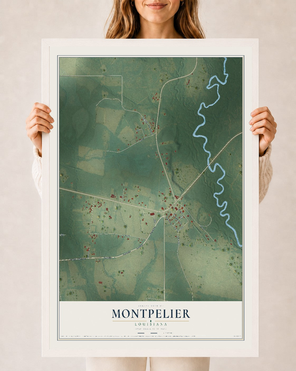 Map of Montpelier, Louisiana, 24 x 36 inch print in a white wood frame
