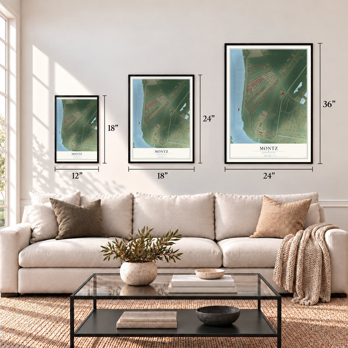 Montz, Louisiana map in 12 x 18, 18 x 24 and 24 x 36 inch sizes above a sofa