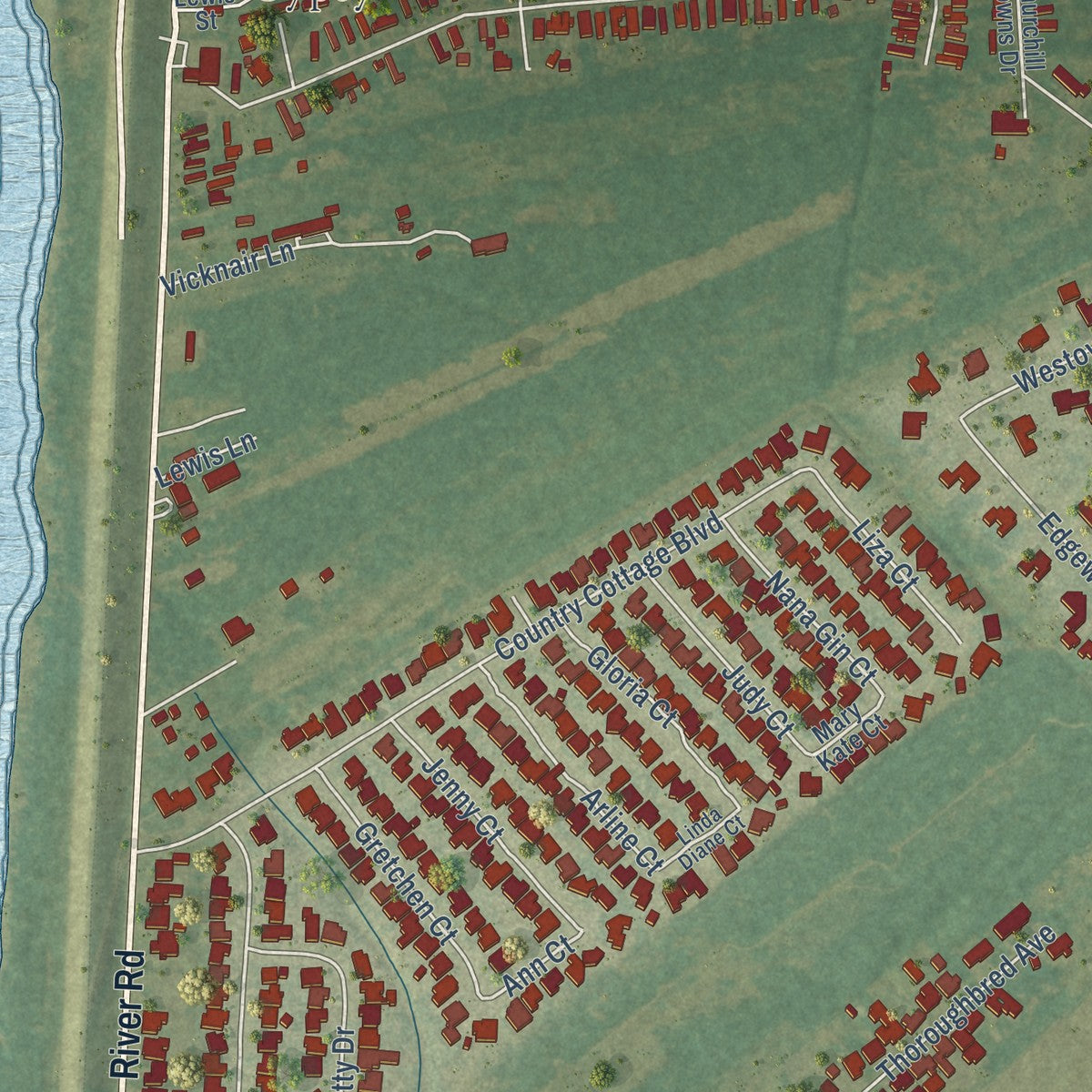 Close-up of the map of Montz, Louisiana print showing street and building detail